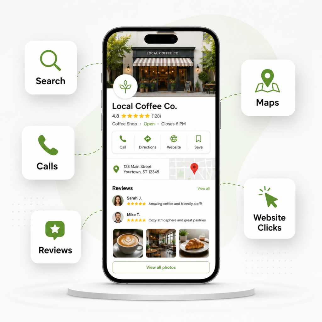 Google Business Profile management graphic showing local search, maps, calls, reviews, and website clicks for small business visibility.